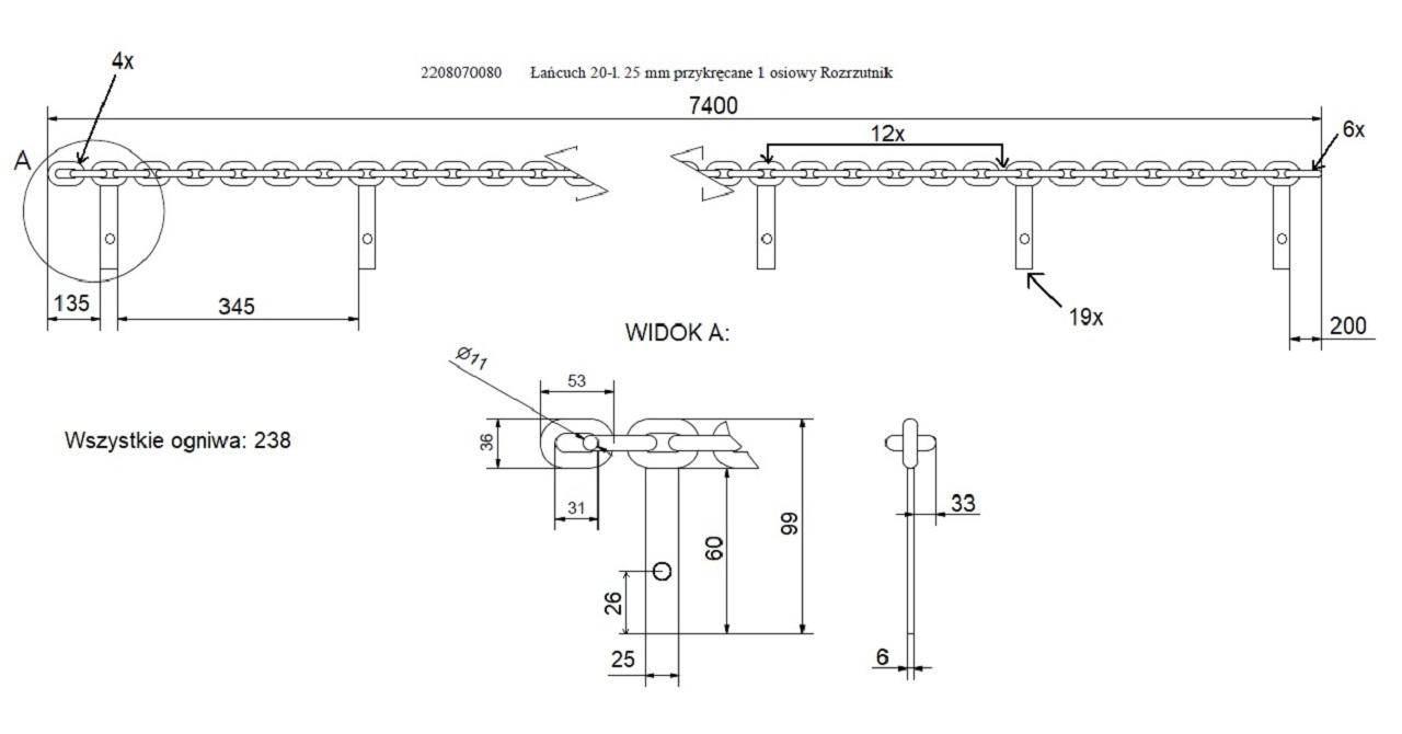 Łańcuch 20-l 25mm przykręcane 1 osiowy rozrzutnik - zdjęcie 2