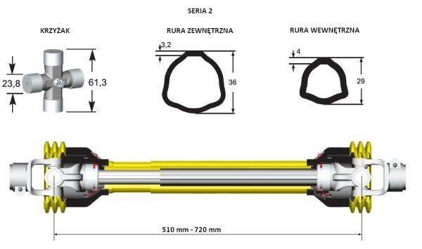 Wał przegubowo-teleskopowy 510-720mm 250nm 40210 ce seria 2 aksan - zdjęcie 2