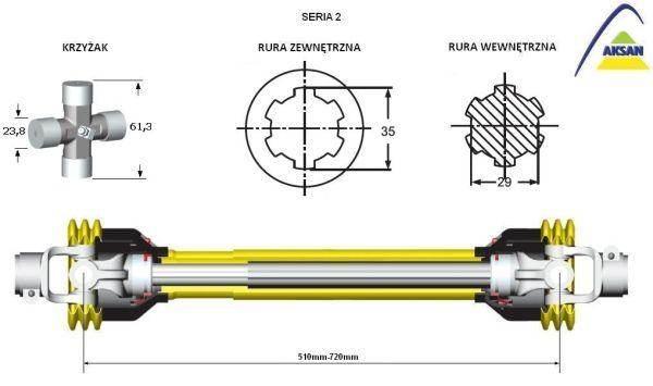 Wał przegubowo-teleskopowy wałek wielowypustowy frezowany 510-720mm 250nm 40210 ce seria 2 aksan - zdjęcie 2