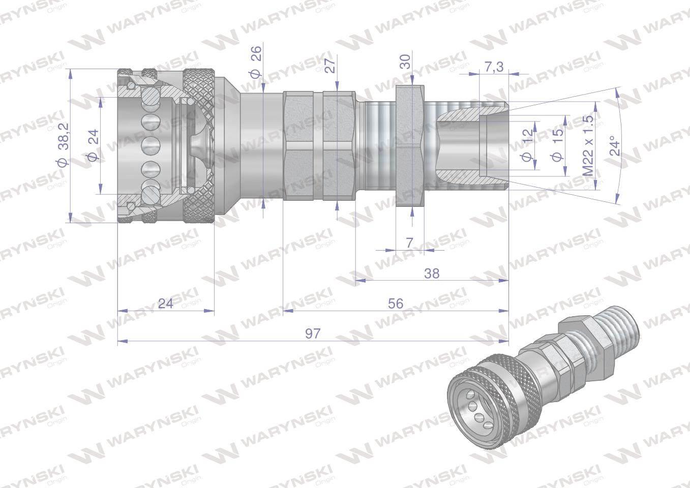Szybkozłącze hydrauliczne gniazdo long m22x1.5 gwint zewnętrzny euro 9100822gl iso 7241-a waryński - zdjęcie 2