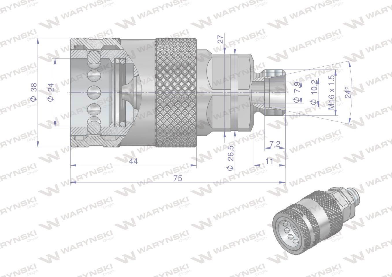 Szybkozłącze hydrauliczne gniazdo m16x1.5 gwint zewnętrzny euro push-pull 9100816g iso 7241-a waryński - zdjęcie 4
