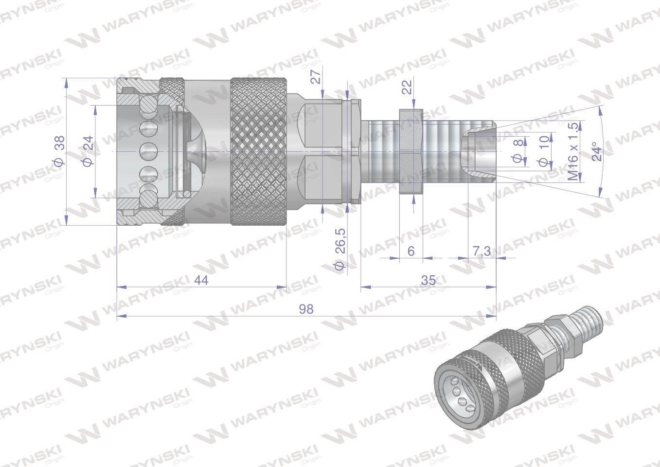 Szybkozłącze hydrauliczne gniazdo long m16x1.5 gwint zewnętrzny euro push-pull 9100816gl iso 7241-a waryński - zdjęcie 2