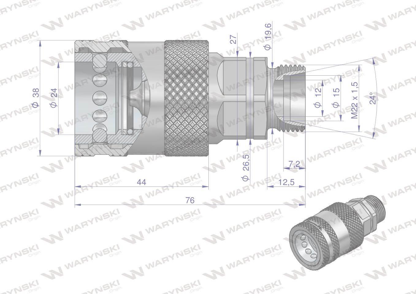 Szybkozłącze hydrauliczne gniazdo m22x1.5 gwint zewnętrzny euro push-pull 9100822g iso 7241-a waryński - zdjęcie 2