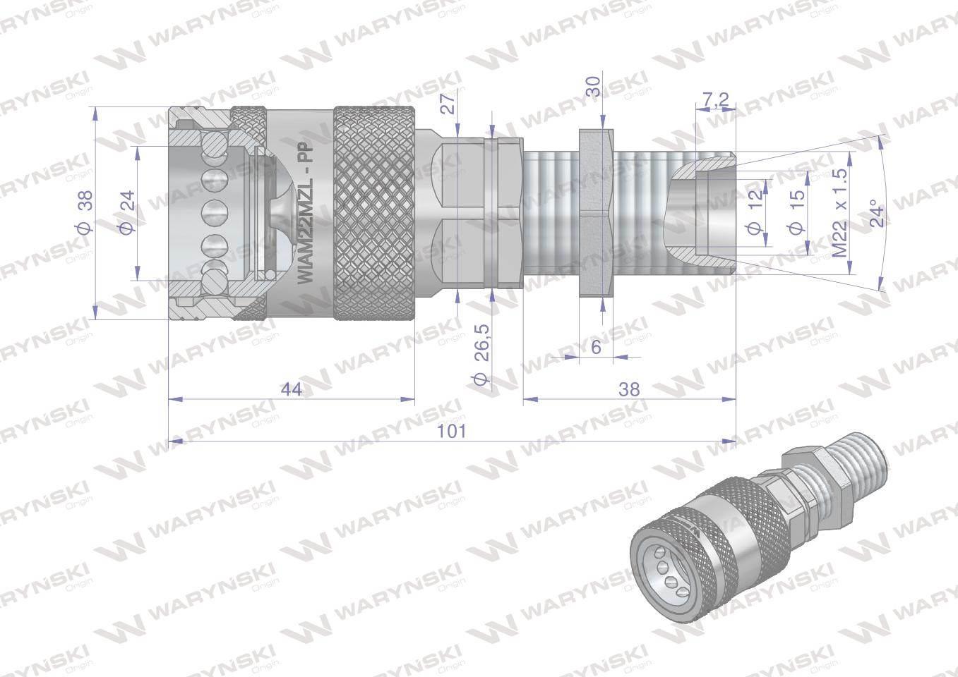 Szybkozłącze hydrauliczne gniazdo long m22x1.5 gwint zewnętrzny euro push-pull 9100822gl iso 7241-a waryński - zdjęcie 2