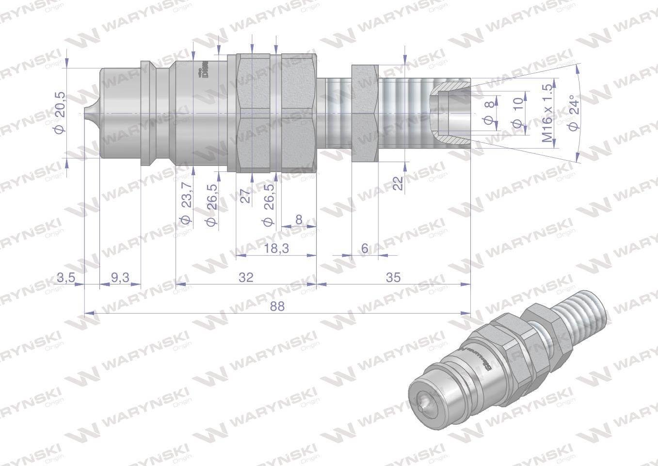 Szybkozłącze hydrauliczne wtyczka long m16x1.5 gwint zewnętrzny euro 9100816w iso 7241-a waryński - zdjęcie 2