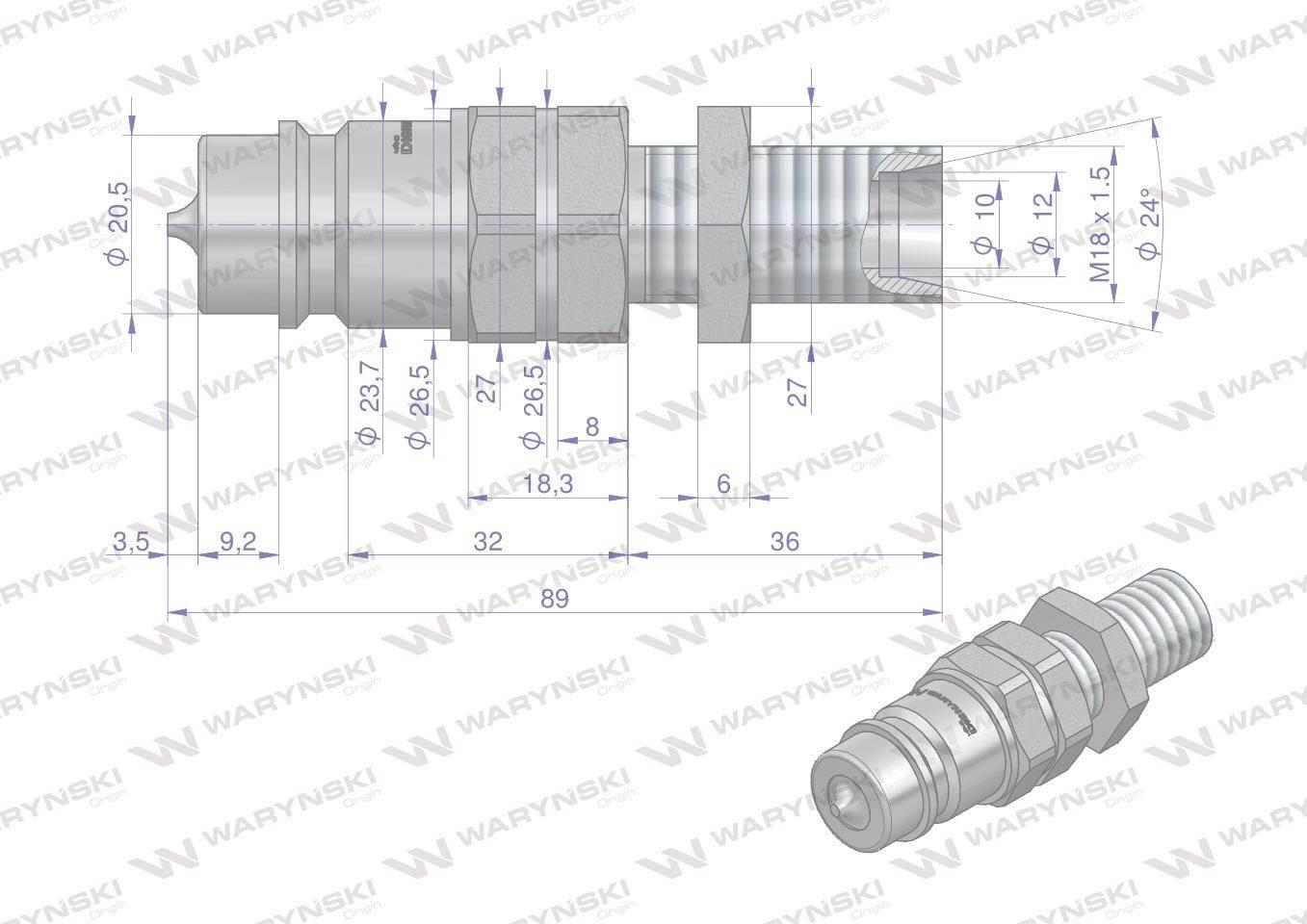 Szybkozłącze hydrauliczne wtyczka long m18x1.5 gwint zewnętrzny euro 9100818w iso 7241-a waryński - zdjęcie 2