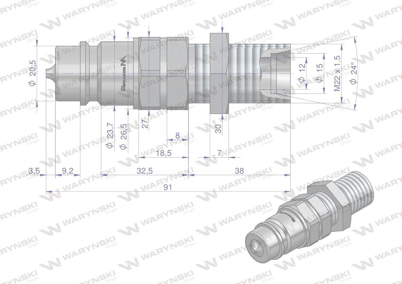 Szybkozłącze hydrauliczne wtyczka long m22x1.5 gwint zewnętrzny euro 9100822w iso 7241-a waryński - zdjęcie 2