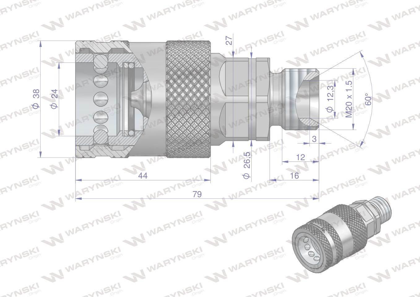 Szybkozłącze hydrauliczne gniazdo m20x1.5 gwint zewnętrzny euro push-pull 9100822g iso 7241-a waryński - zdjęcie 2