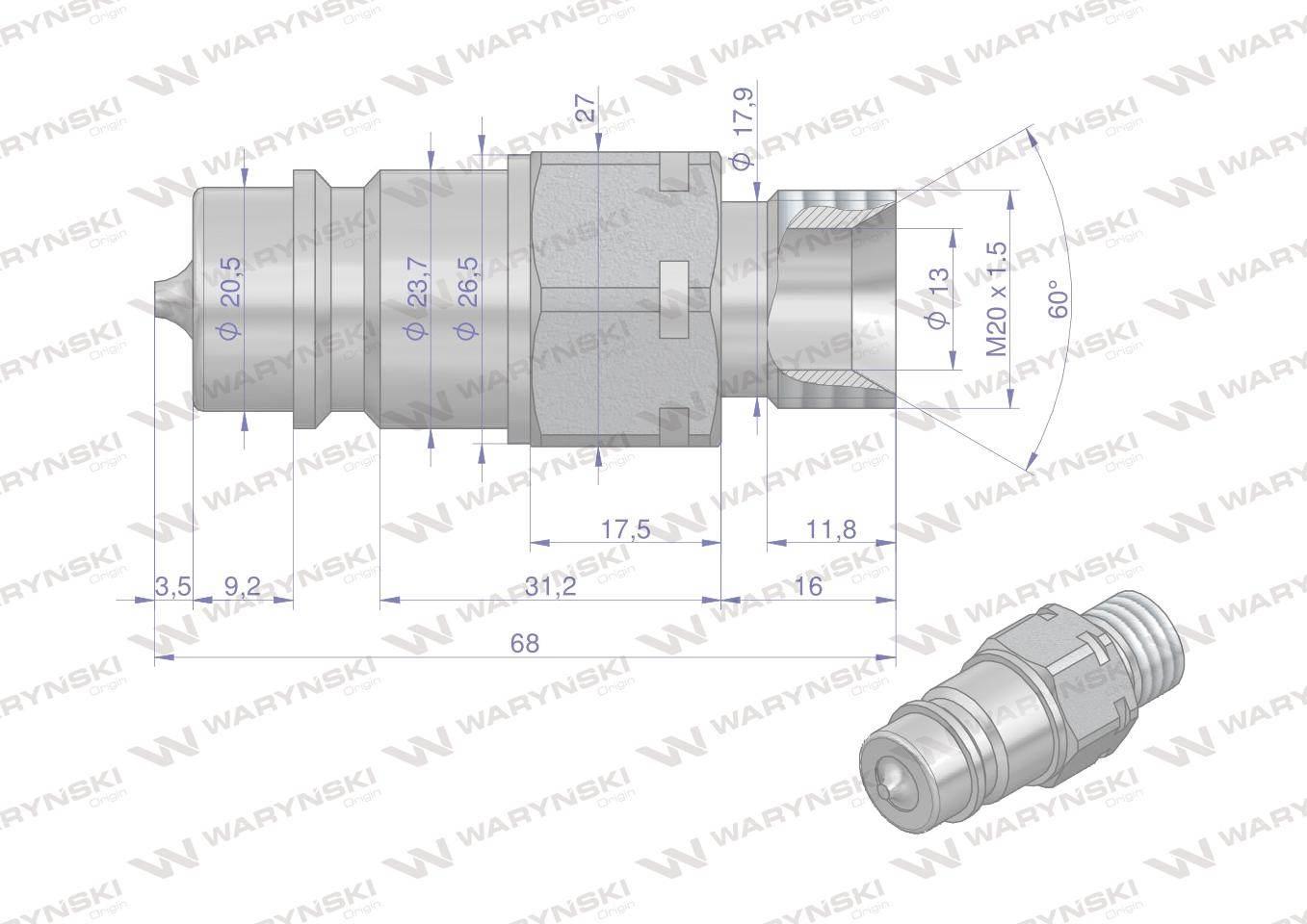 Szybkozłącze hydrauliczne wtyczka m20x1.5 gwint zewnętrzny euro 9100822w iso 7241-a waryński - zdjęcie 2
