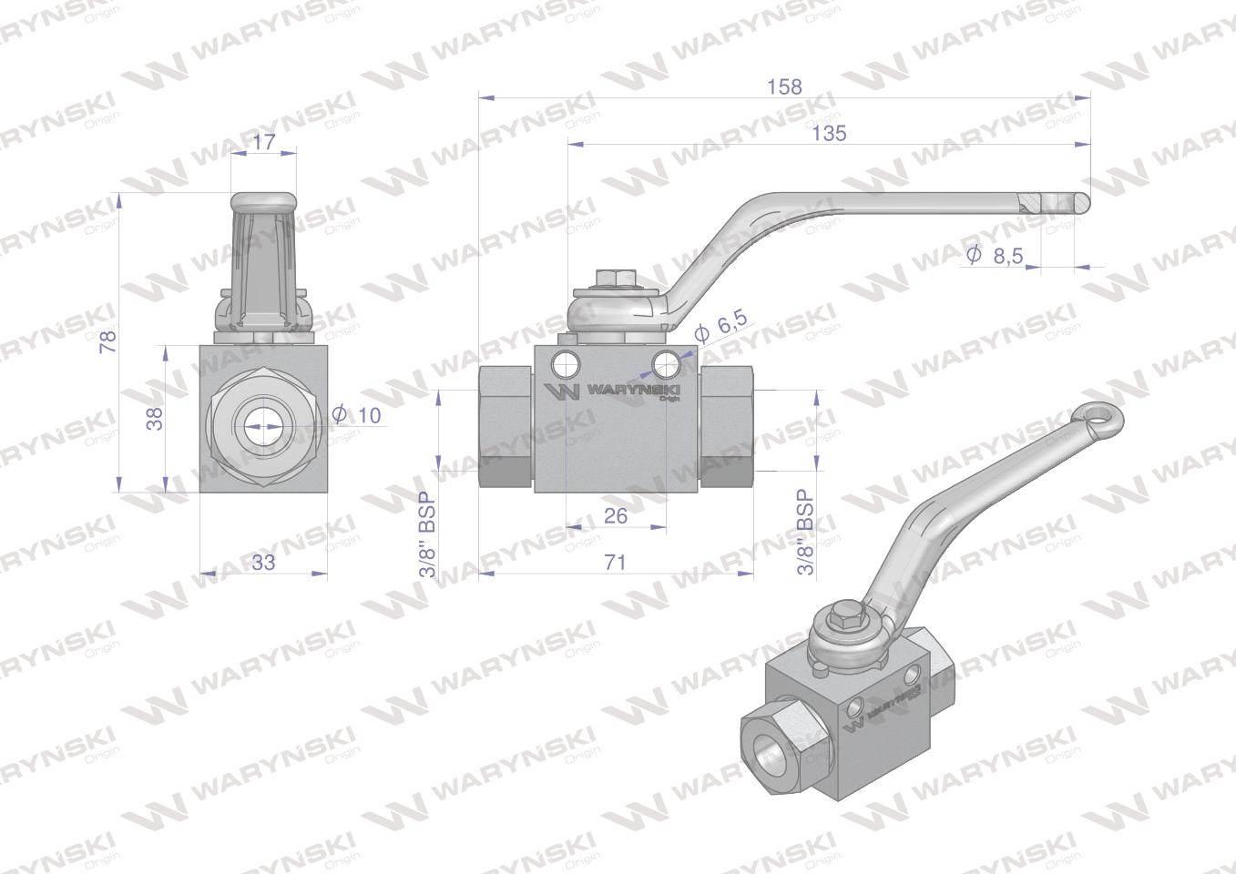 Zawór kulowy hydrauliczny 2-drogowy 2/2 3/8"bsp z otworami mocującymi 500 bar waryński - zdjęcie 2