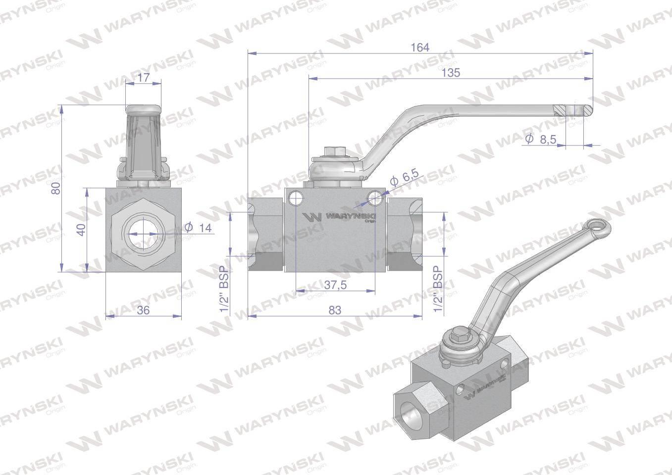 Zawór kulowy hydrauliczny 2-drogowy 2/2 1/2"bsp z otworami mocującymi 500 bar waryński - zdjęcie 2
