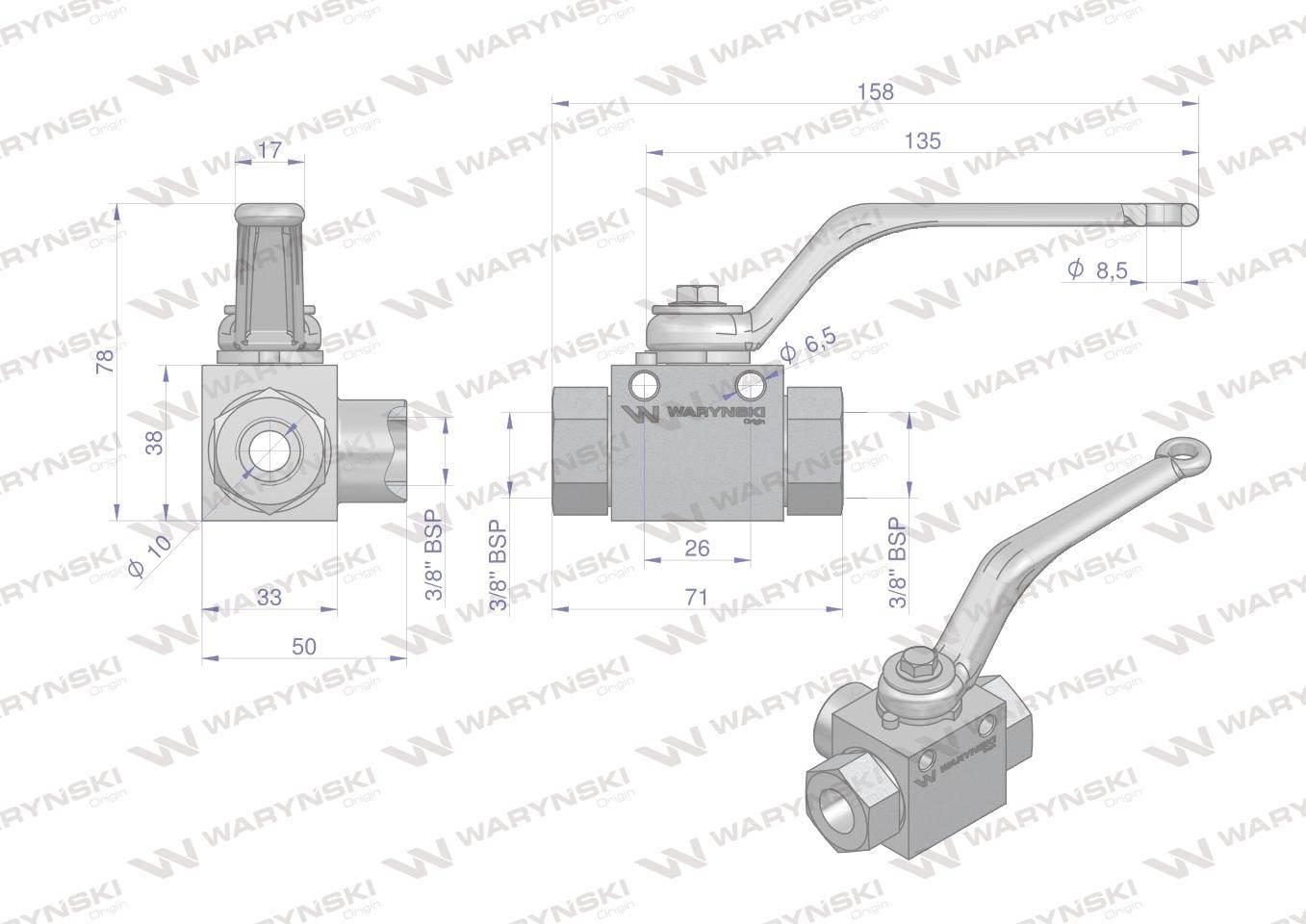 Zawór kulowy hydrauliczny 3-drogowy 3/2 3/8"bsp z otworami mocującymi 500 bar waryński - zdjęcie 2