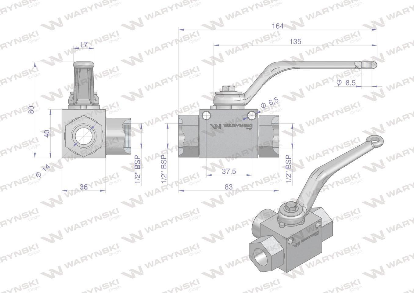 Zawór kulowy hydrauliczny 3-drogowy 3/2 1/2"bsp z otworami mocującymi 500 b - zdjęcie 2