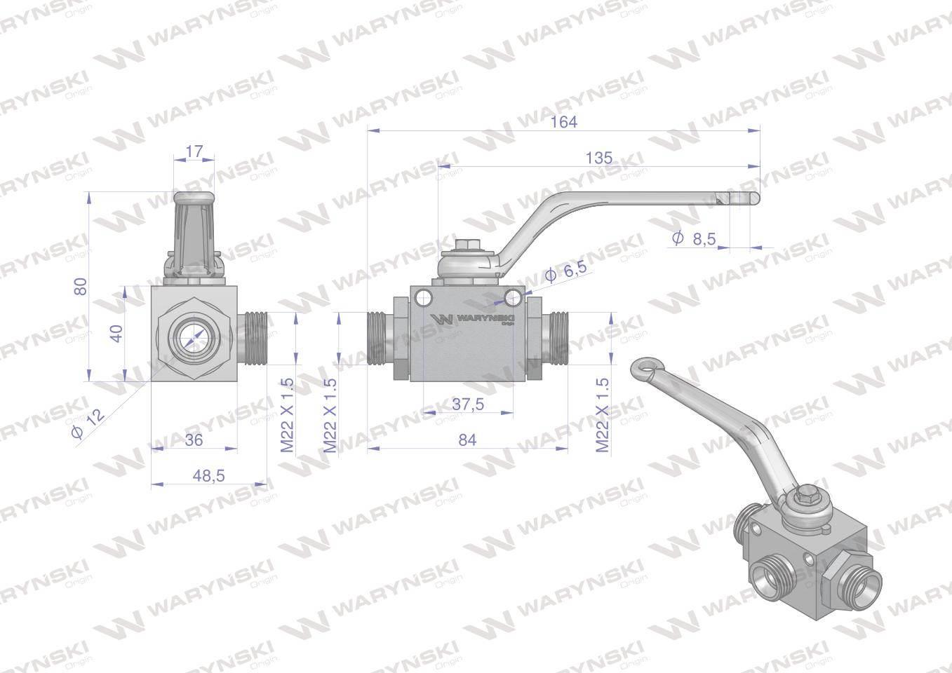Zawór kulowy hydrauliczny 3-drogowy 3/2 m22x1.5 15l z otworami mocującymi 500 bar waryński - zdjęcie 5