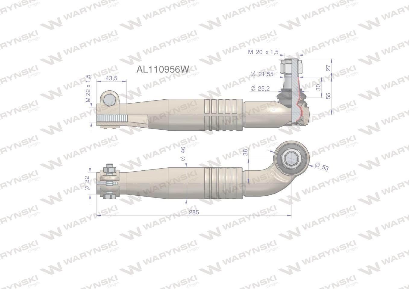 Przegub kierowniczy prawy 285mm m22x1,5 al110956 waryński - zdjęcie 2