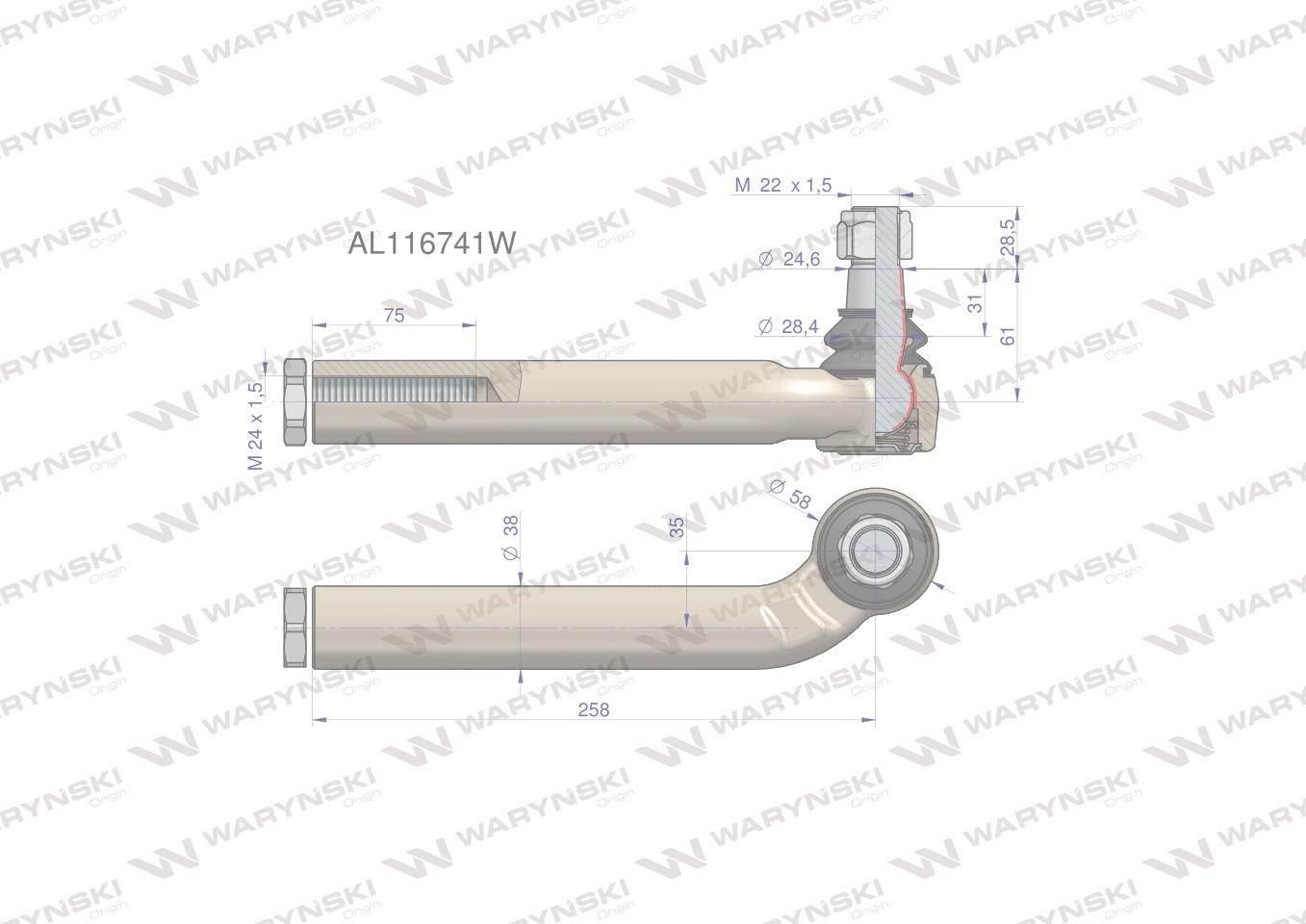 Przegub kierowniczy prawy 258mm m24x1,5 al116741 waryński - zdjęcie 2