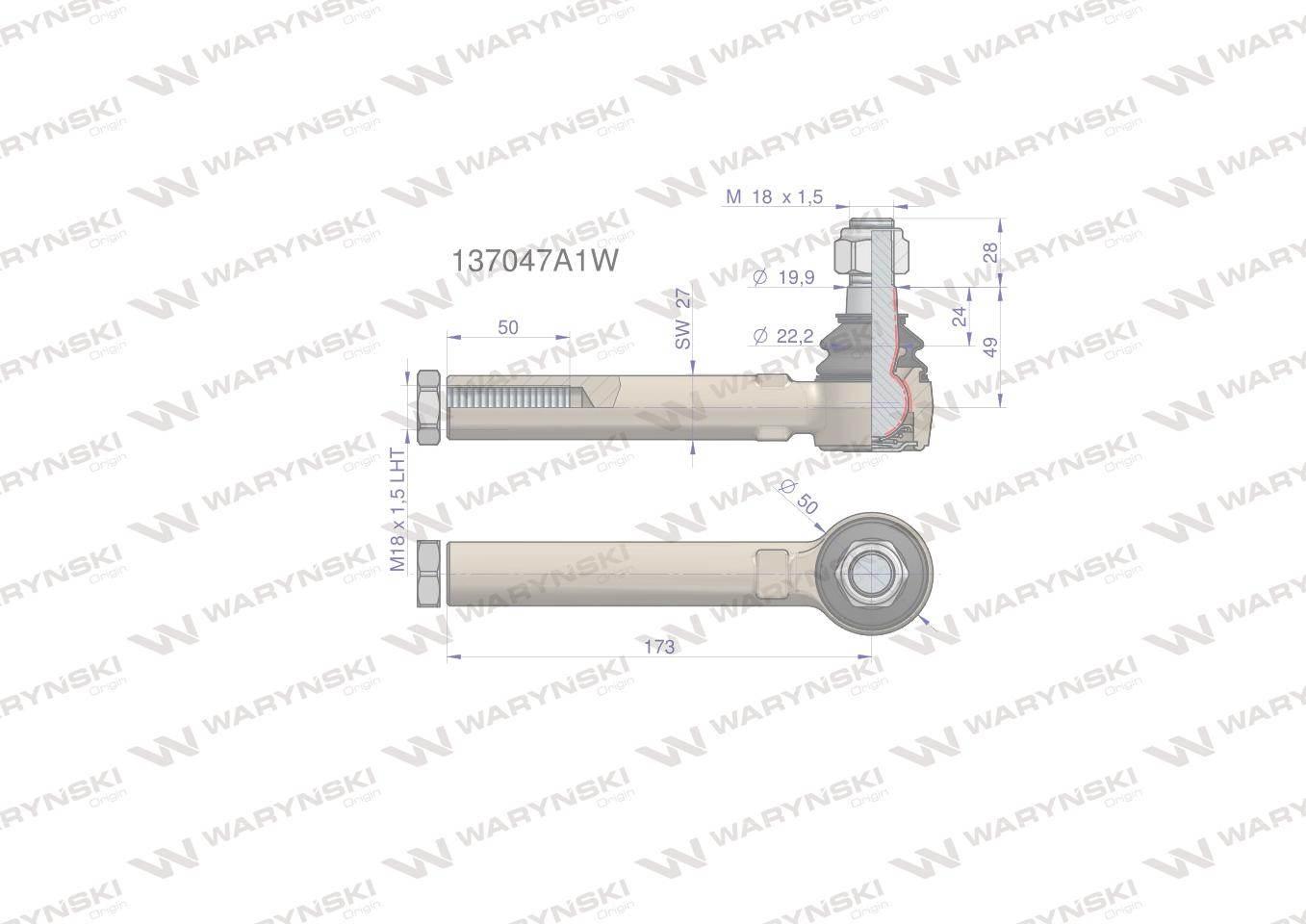 Przegub kierowniczy 173mm m18x1,5l 137047a1 waryński - zdjęcie 4