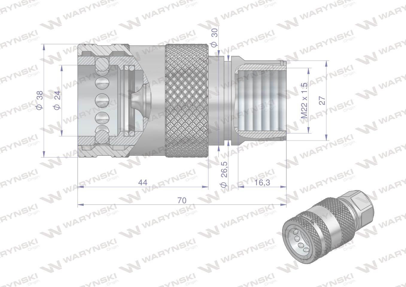 Szybkozłącze hydrauliczne gniazdo m22x1.5 gwint wewnętrzny euro push-pull iso 7241-a waryński - zdjęcie 2