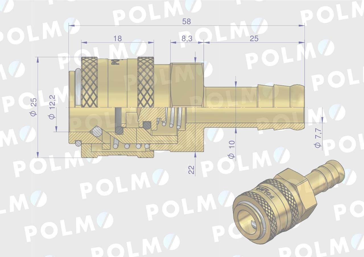 Szybkozłącze pneumatyczne p26 nw7.2 gniazdo pod wąż dn10mm polmo 5szt - zdjęcie 2