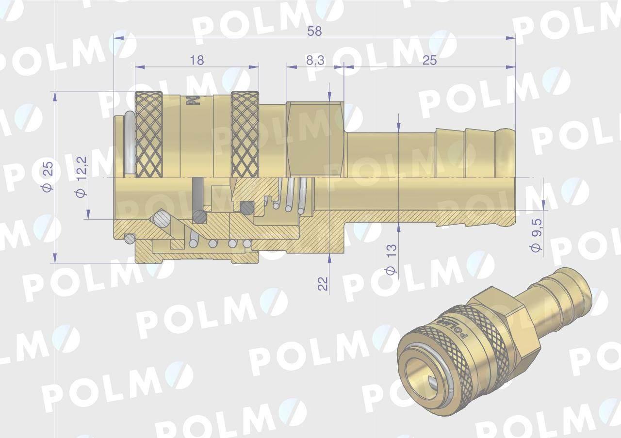 Szybkozłącze pneumatyczne p26 nw7.2 gniazdo pod wąż dn13mm polmo 5szt - zdjęcie 2