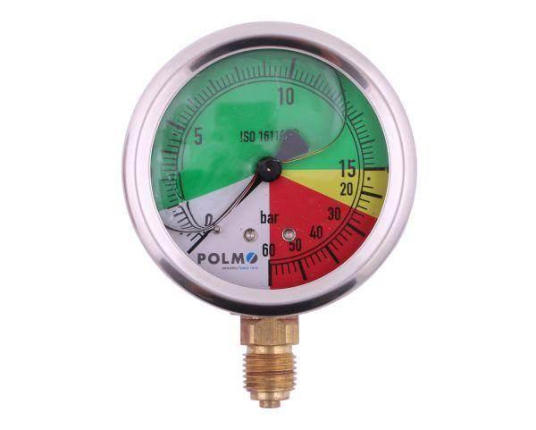 Manometr glicerynowy m63 0-15/60 bar gwint g1/4" dolne przyłącze obudowa kwasoodporna opryskiwacz polmo - zdjęcie 2