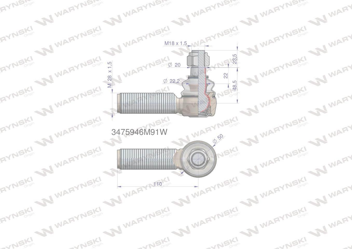 Przegub kierowniczy 110mm m28x1,5 3475946m91 waryński - zdjęcie 2