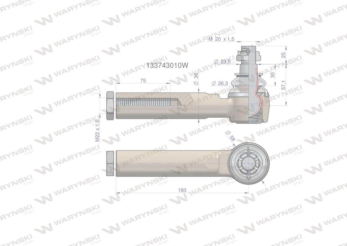 Przegub kierowniczy 183mm m22x1,5 133743010 waryński - zdjęcie 2
