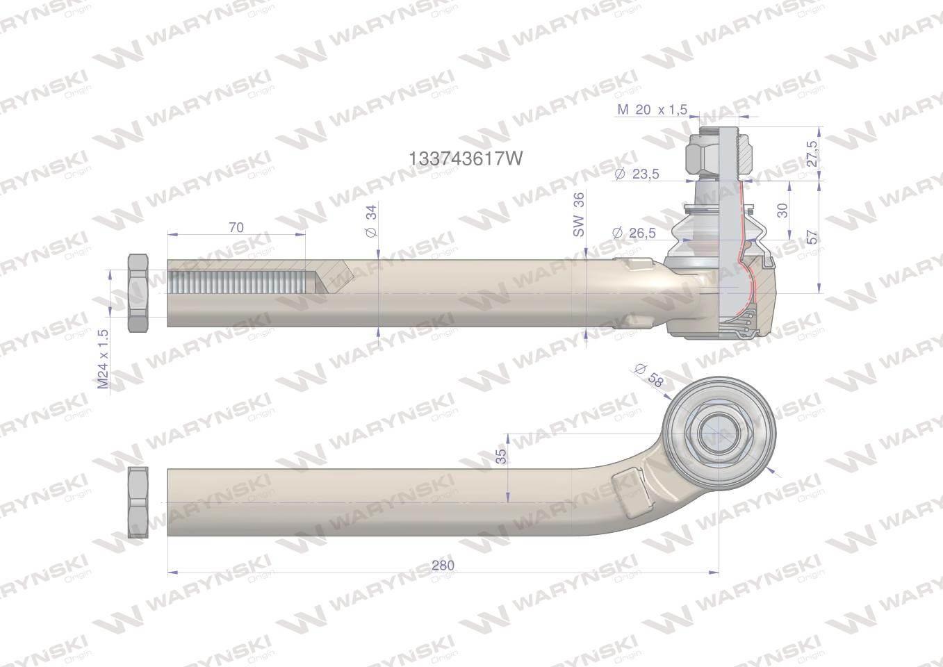 Przegub kierowniczy prawy 280mm m24x1,5 133743617 waryński - zdjęcie 2