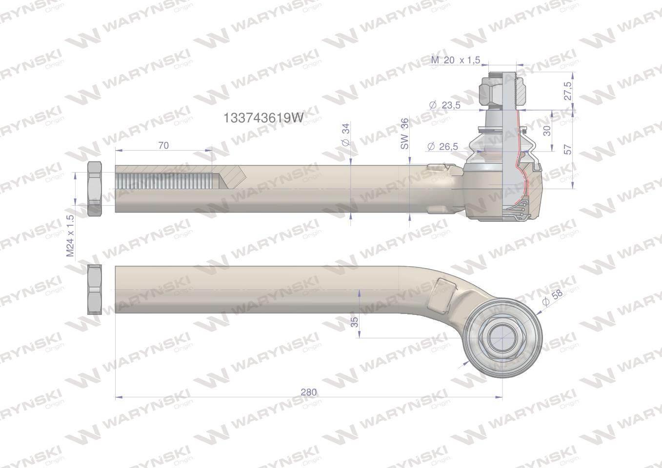 Przegub kierowniczy lewy 280mm m24x1,5 133743619 waryński - zdjęcie 2