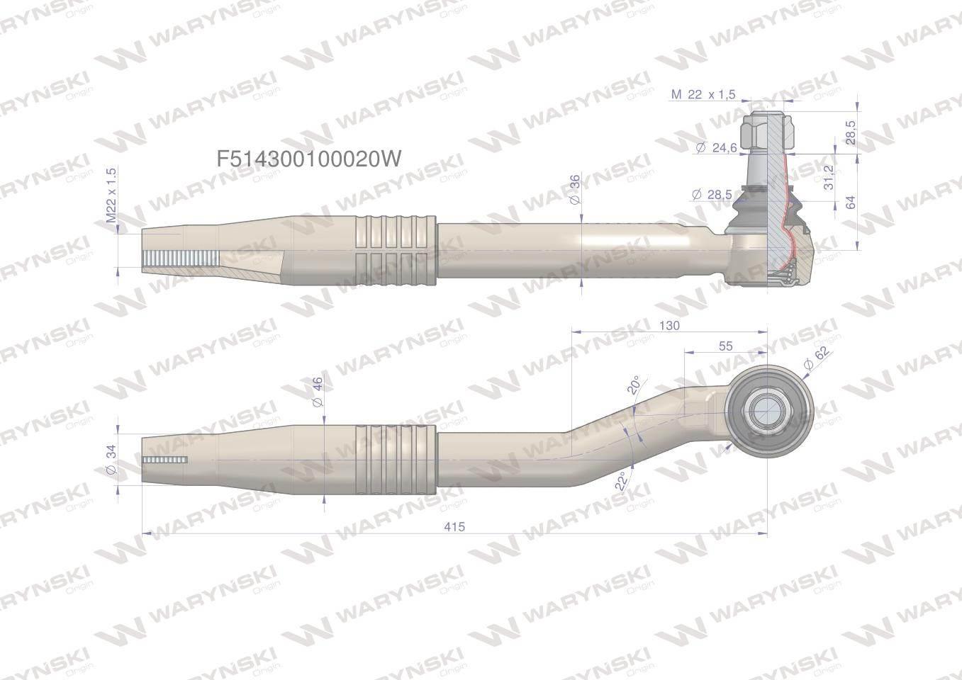 Przegub kierowniczy lewy 415mm m22x1,5 f514300100020 waryński - zdjęcie 2