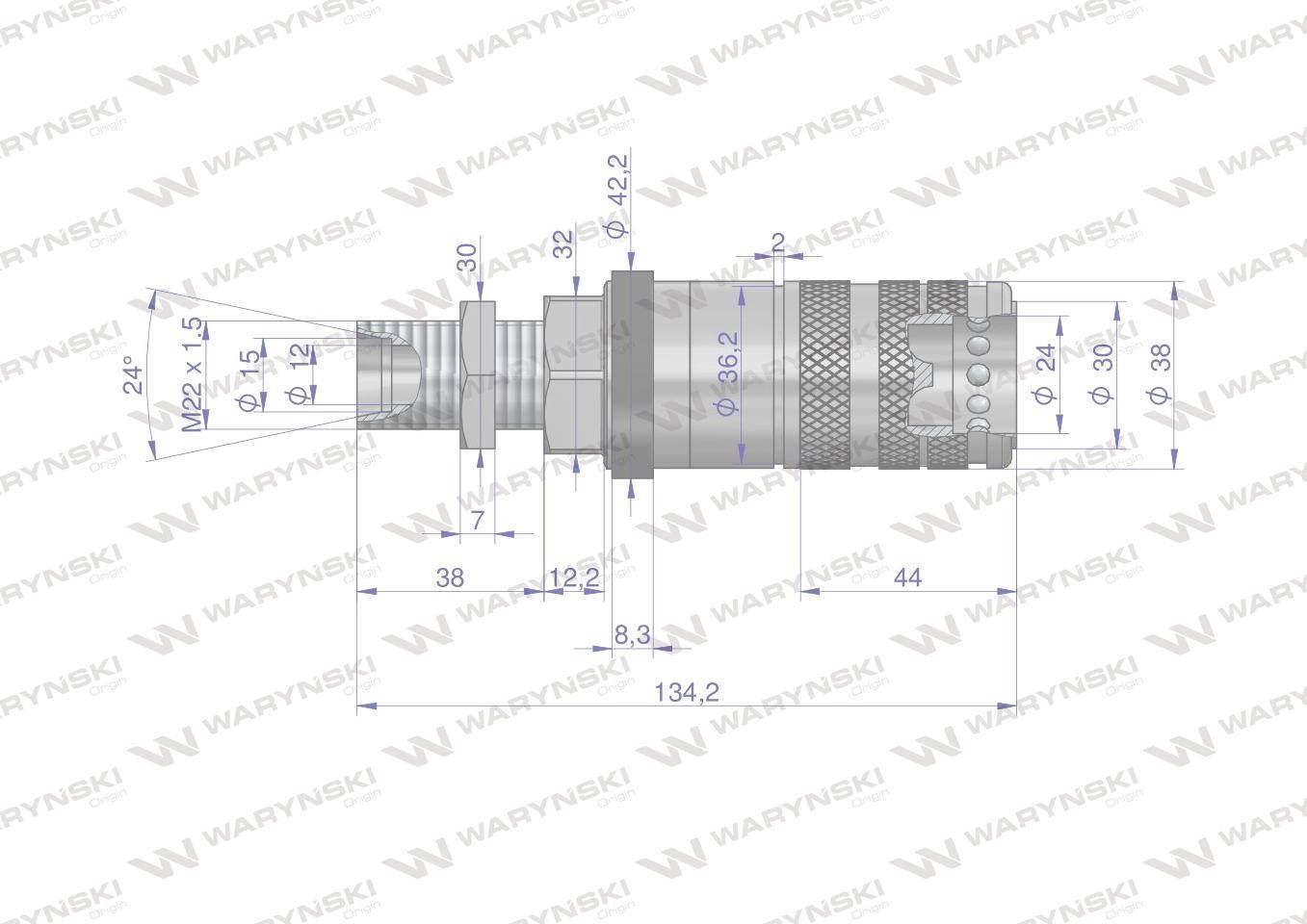 Szybkozłącze hydrauliczne zrywalne seria wia3cv 3cfpv 68 l/min gniazdo long m22x1.5 gwint zewnętrzny euro push-pull iso 7241-a waryński - zdjęcie 2