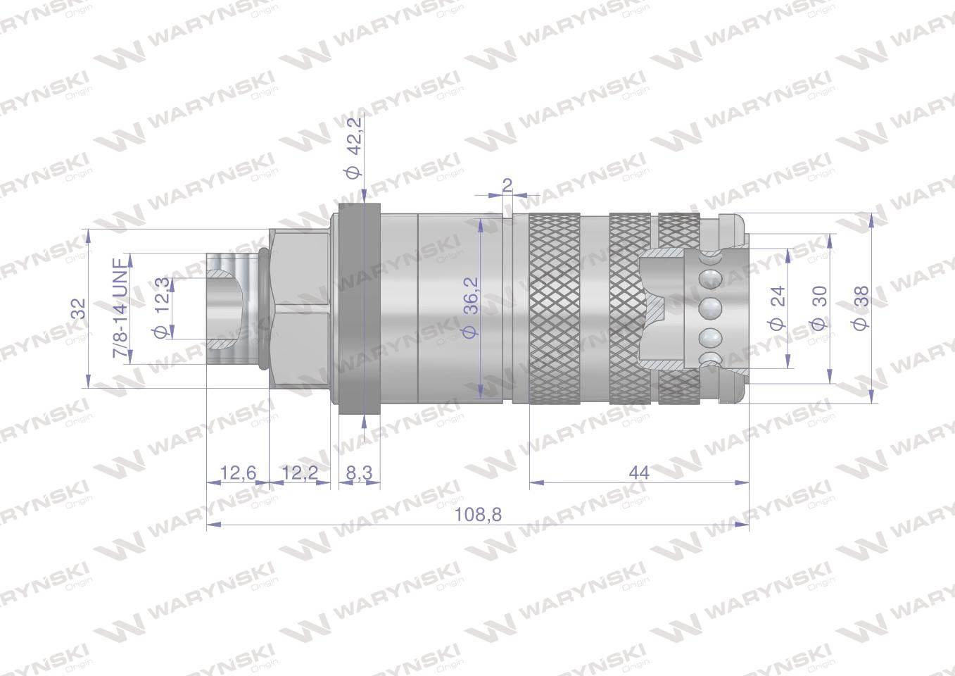 Szybkozłącze hydrauliczne zrywalne seria wia3cv 3cfpv 68 l/min gniazdo g7/8"unf gwint zewnętrzny euro push-pull iso 7241-a waryński - zdjęcie 2