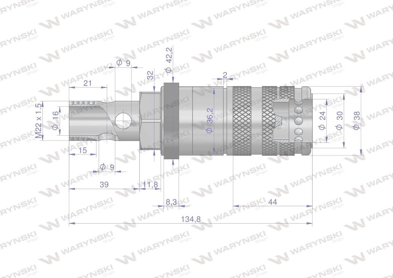 Szybkozłącze hydrauliczne zrywalne seria wia3cv 3cfpv 68 l/min gniazdo m22x1.5 gwint zew.śruba drążona euro push-pull iso 7241-a waryński - zdjęcie 2