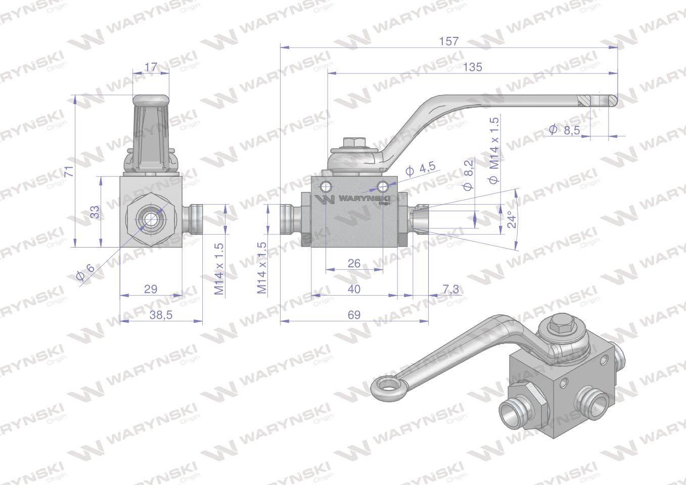 Zawór kulowy hydrauliczny 3-drogowy 3/2 m14x1.5 08l z otworami mocującymi 500 bar waryński - zdjęcie 3
