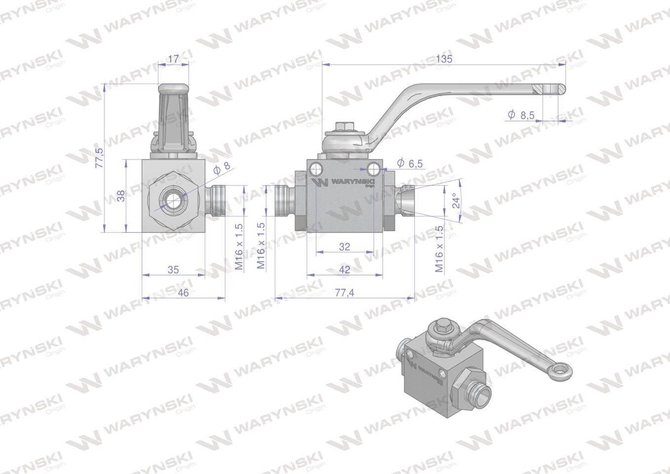 Zawór kulowy hydrauliczny 3-drogowy 3/2 m16x1.5 10l z otworami mocującymi 500 bar waryński - zdjęcie 2
