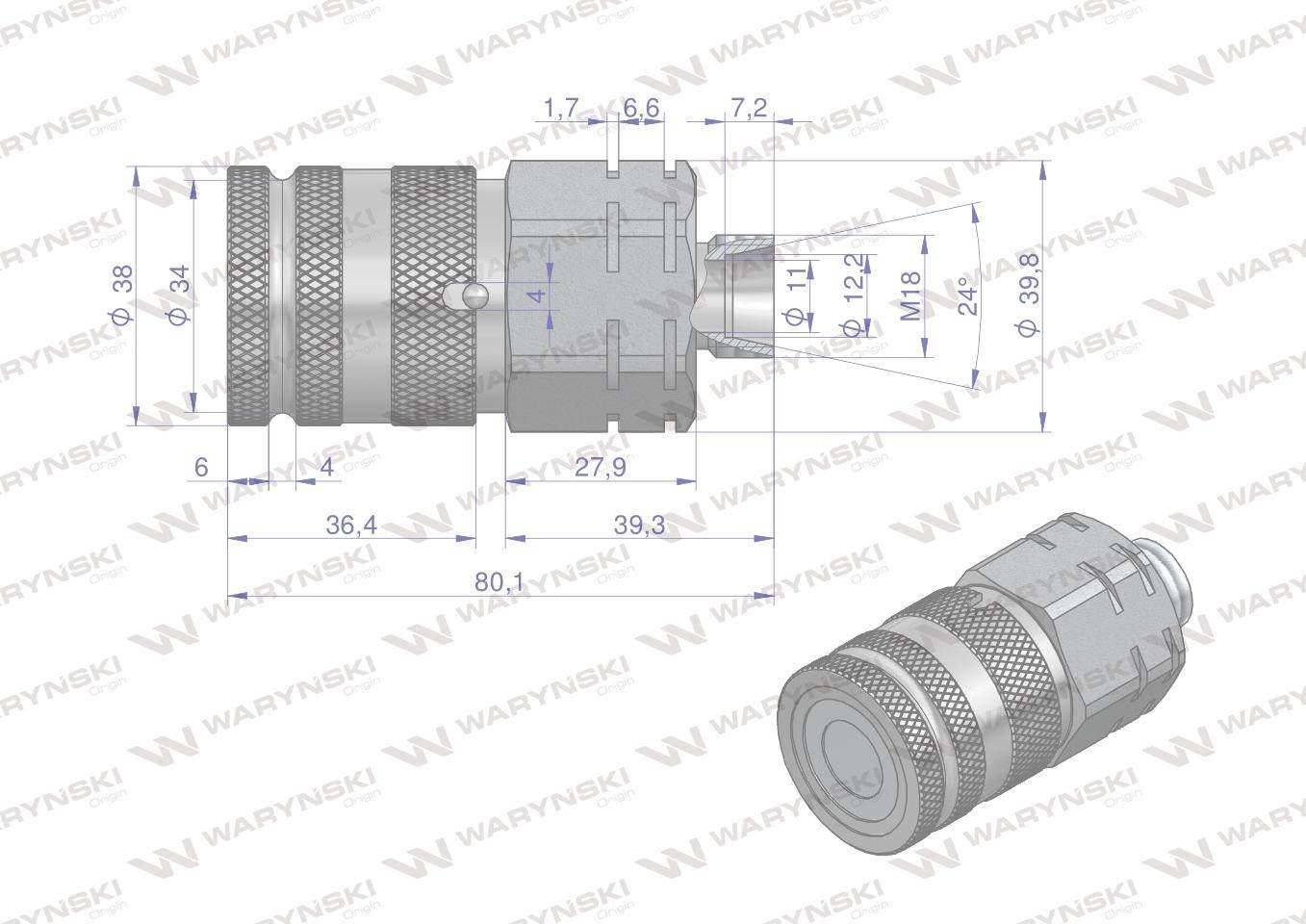 Szybkozłącze hydrauliczne suchoodcinające gniazdo m18x1.5 12l gwint zewnętrzny iso16028 waryński - zdjęcie 2