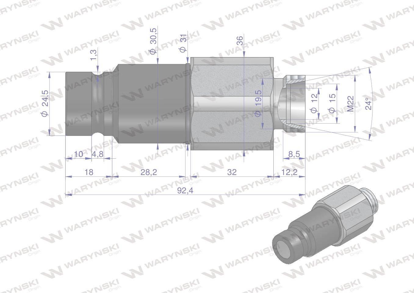 Szybkozłącze hydrauliczne suchoodcinające wtyczka m22x1.5 15l gwint zewnętrzny iso16028 waryński - zdjęcie 2