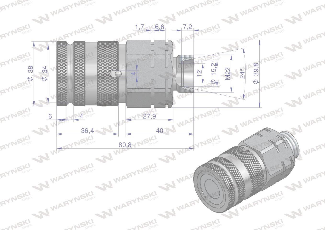 Szybkozłącze hydrauliczne suchoodcinające gniazdo m22x1.5 15l gwint zewnętrzny iso16028 waryński - zdjęcie 2