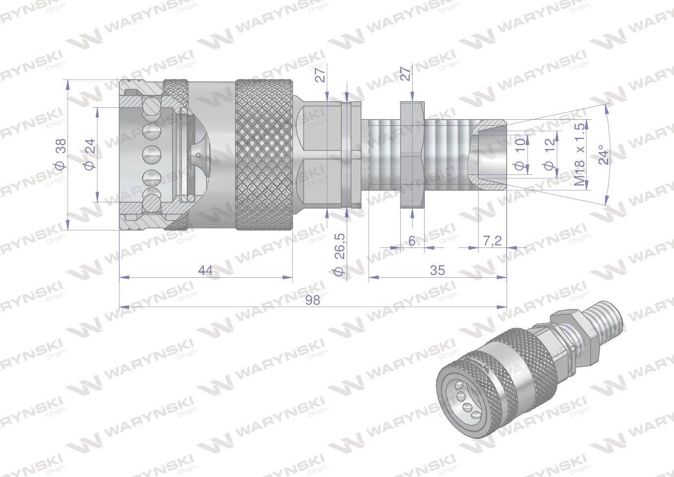 Szybkozłącze hydrauliczne gniazdo long z eliminatorem ciśnienia m18x1.5 gwint zew euro push-pull 9100818gl iso 7241-a waryński - zdjęcie 2
