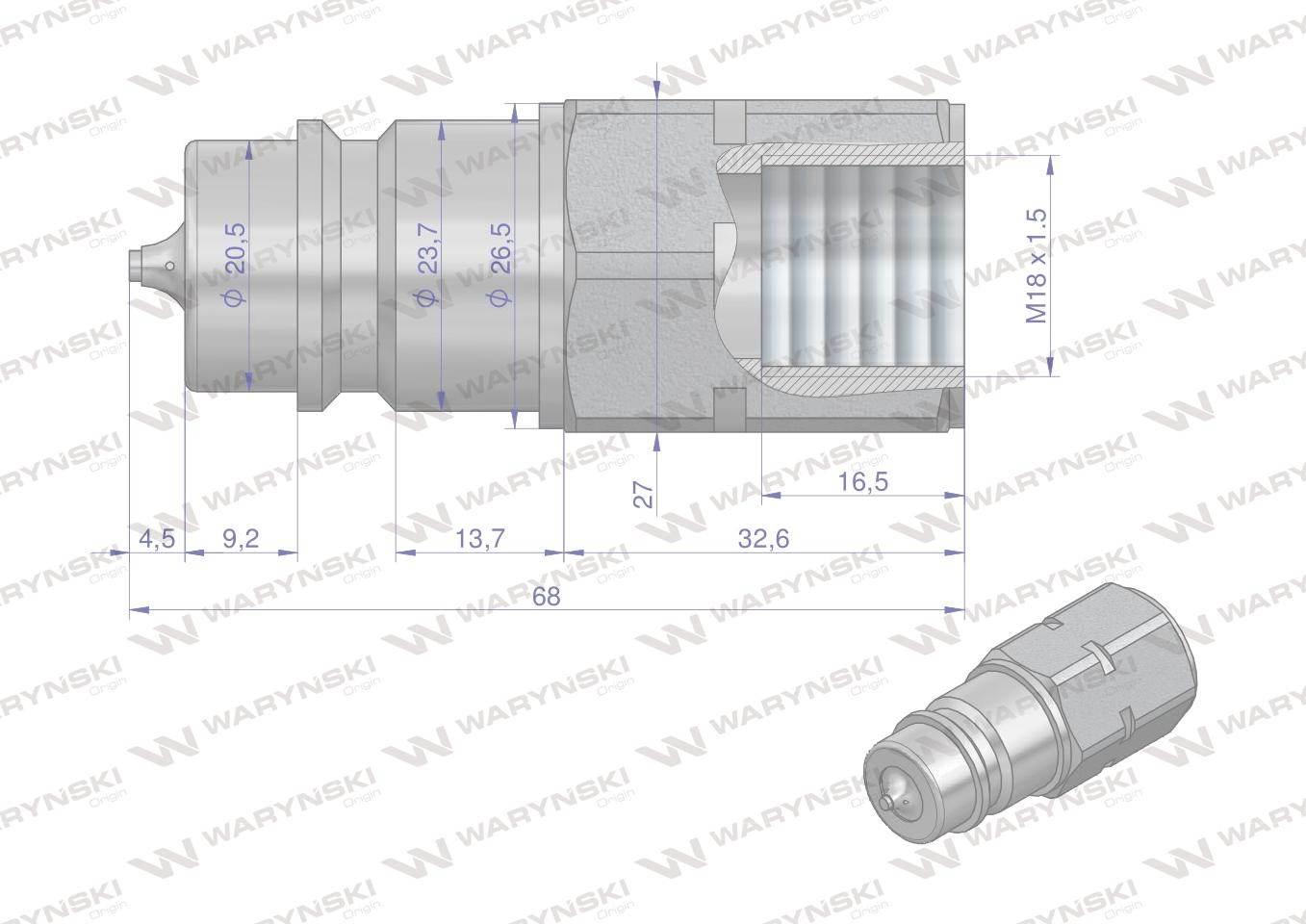 Szybkozłącze hydrauliczne wtyczka z eliminatorem ciśnienia m18x1.5 gwint wew euro iso 7241-a waryński - zdjęcie 2