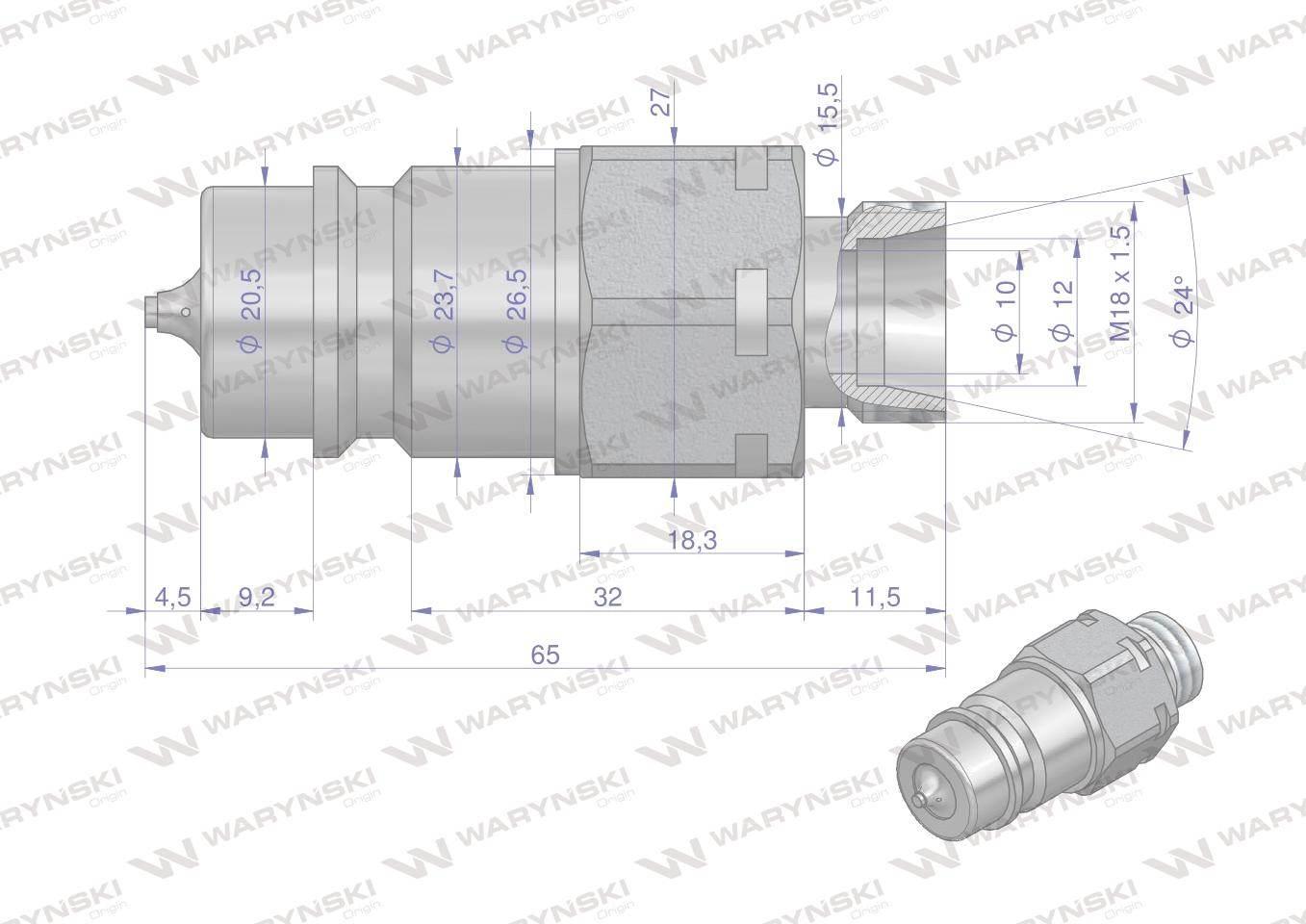 Szybkozłącze hydrauliczne wtyczka z eliminatorem ciśnienia m18x1.5 gwint zew euro 9100818w iso 7241-a waryński - zdjęcie 4