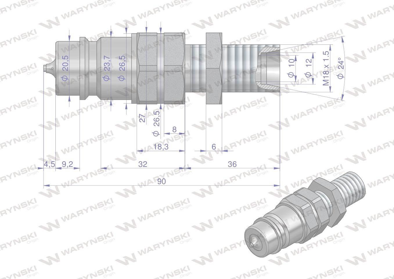 Szybkozłącze hydrauliczne wtyczka long z eliminatorem ciśnienia m18x1.5 gwint zew euro 9100818w iso 7241-a waryński - zdjęcie 2