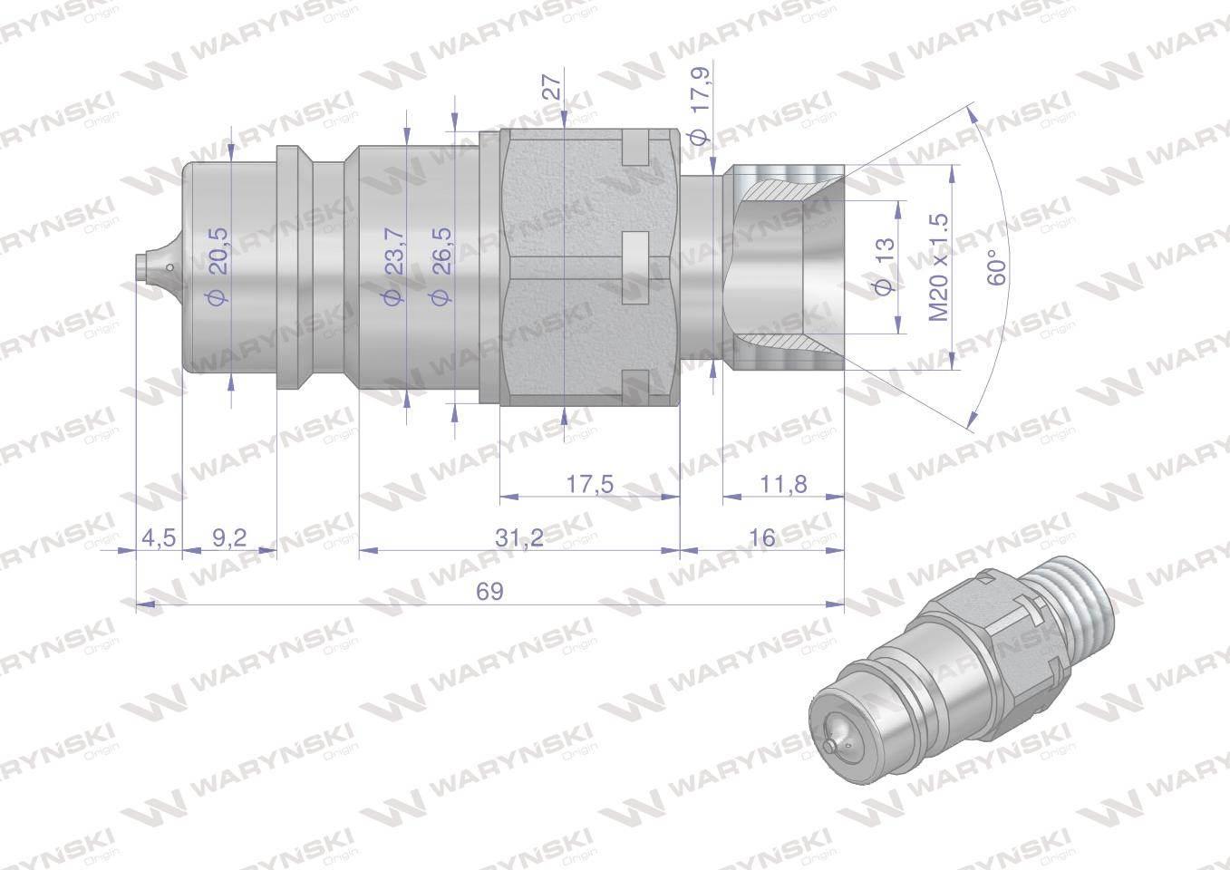 Szybkozłącze hydrauliczne wtyczka z eliminatorem ciśnienia m20x1.5 gwint zew euro 9100822w iso 7241-a waryński - zdjęcie 4