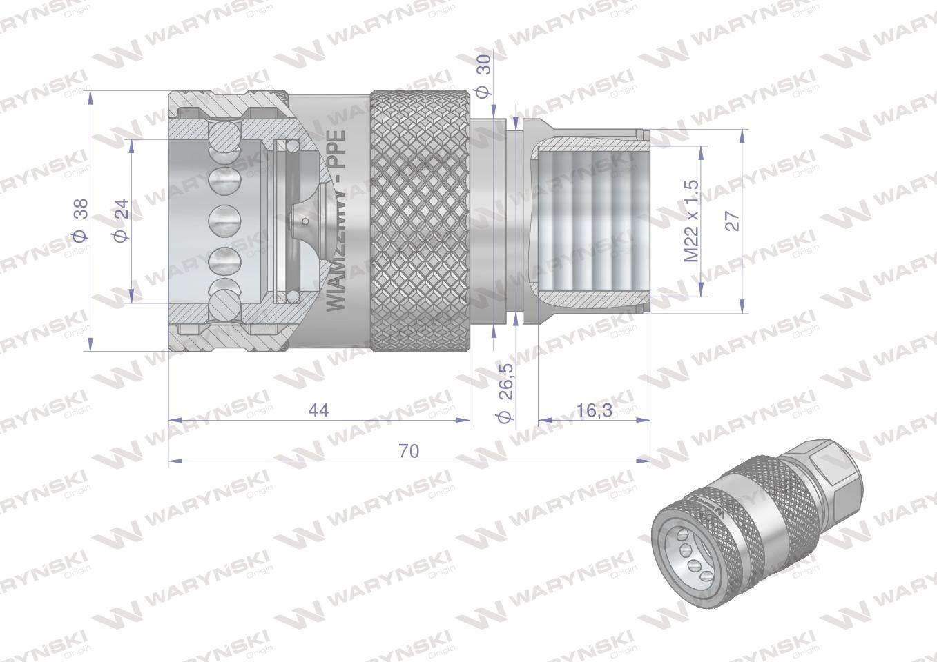 Szybkozłącze hydrauliczne gniazdo z eliminatorem ciśnienia m22x1.5 gwint wew euro push-pull iso 7241-a waryński - zdjęcie 4