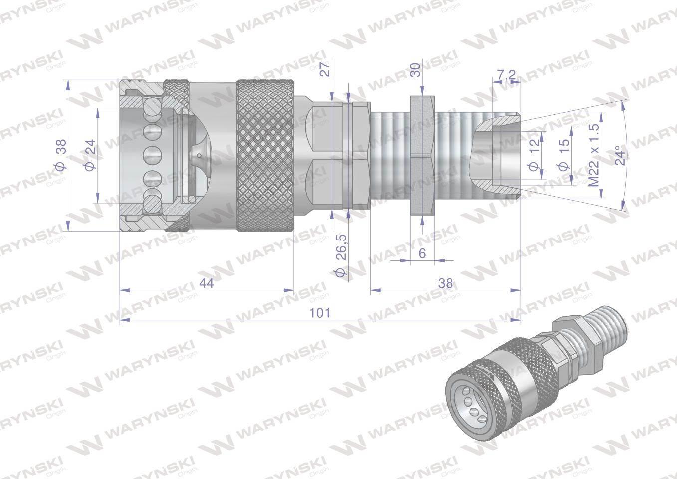 Szybkozłącze hydrauliczne gniazdo long z eliminatorem ciśnienia m22x1.5 gwint zew euro push-pull 9100822gl iso 7241-a waryński - zdjęcie 4