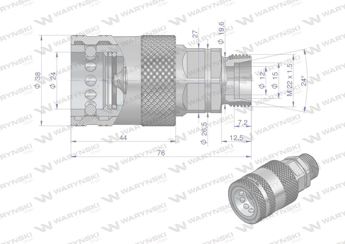 Szybkozłącze hydrauliczne gniazdo z eliminatorem ciśnienia m22x1.5 gwint zew euro push-pull 9100822g iso 7241-a waryński - zdjęcie 2