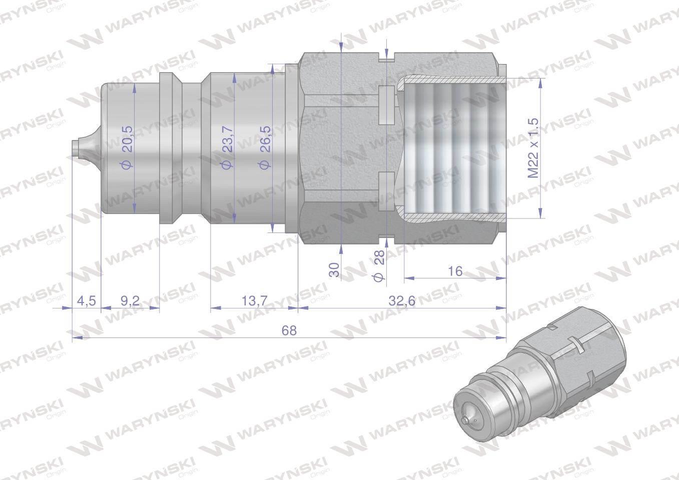 Szybkozłącze hydrauliczne wtyczka z eliminatorem ciśnienia m22x1.5 gwint wew euro iso 7241-a waryński - zdjęcie 4