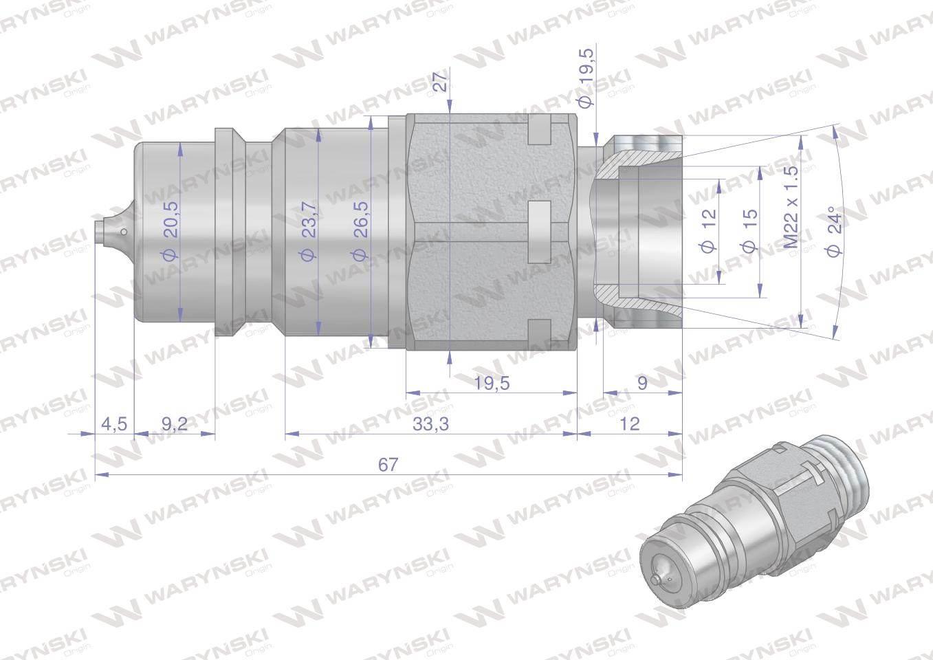 Szybkozłącze hydrauliczne wtyczka z eliminatorem ciśnienia m22x1.5 gwint zew euro 9100822w iso 7241-a waryński - zdjęcie 2