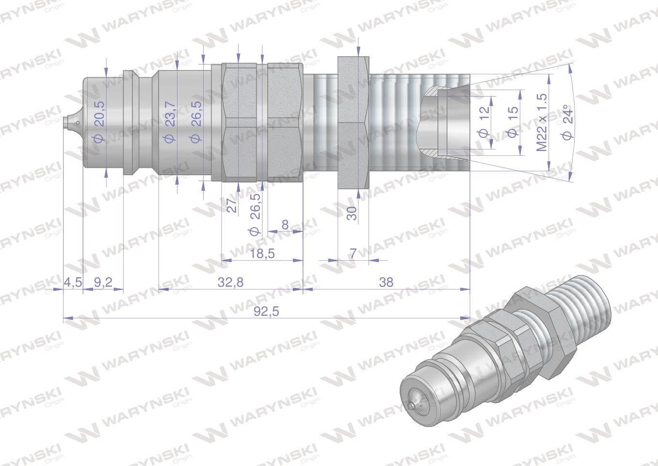 Szybkozłącze hydrauliczne wtyczka long z eliminatorem ciśnienia m22x1.5 gwint zew euro 9100822w iso 7241-a waryński - zdjęcie 4
