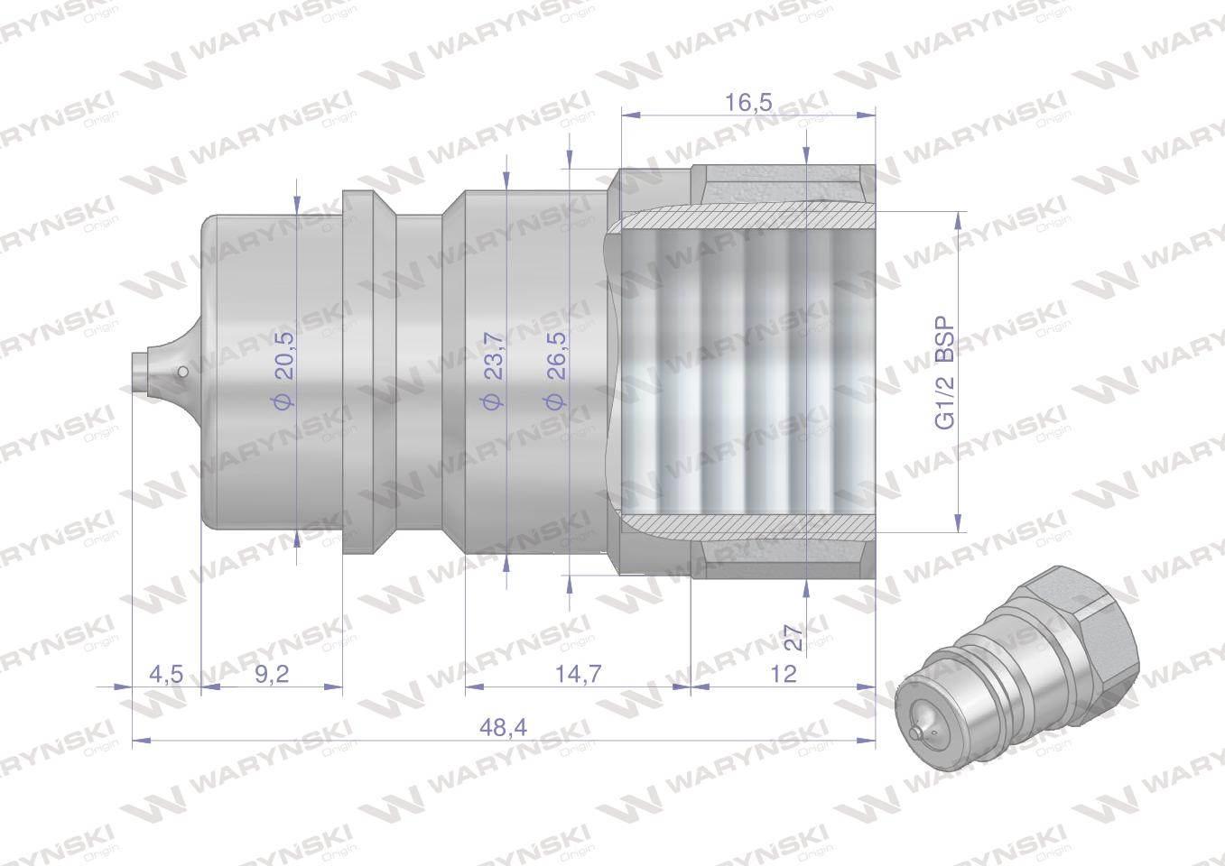 Szybkozłącze hydrauliczne wtyczka z eliminatorem ciśnienia g1/2"bsp gwint wew iso 7241-a waryński - zdjęcie 2